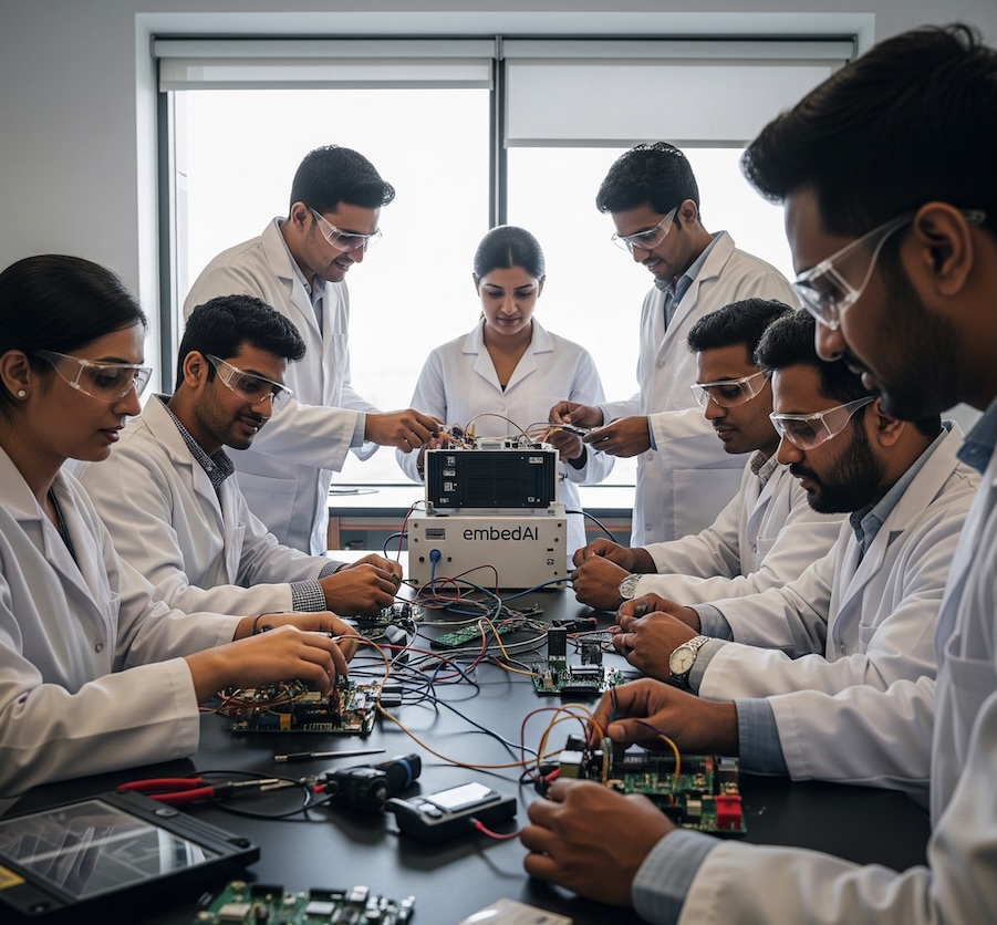 Diverse team of AI engineers and data scientists collaborating in a modern technology office